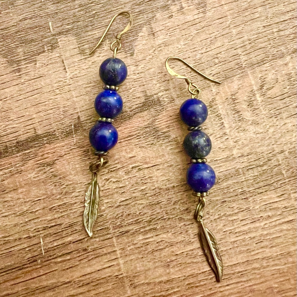 Cobalt Blue Stone Earrings with feathers
